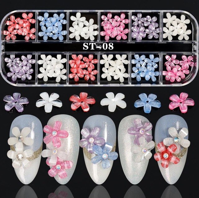 1 Box Colorful Various Petal Flowers Bow Ties Glazed Pearl 3d Nail Art Decorations Charms Nail Glitter Supplies Tools Jewelry