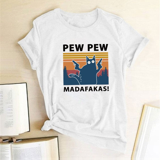 Pew Pew Madafakas Print T-shirts Women Summer 2020 Graphic Tees Funny Shirts For woman tshirts Loose Crew Neck Harajuku Tops