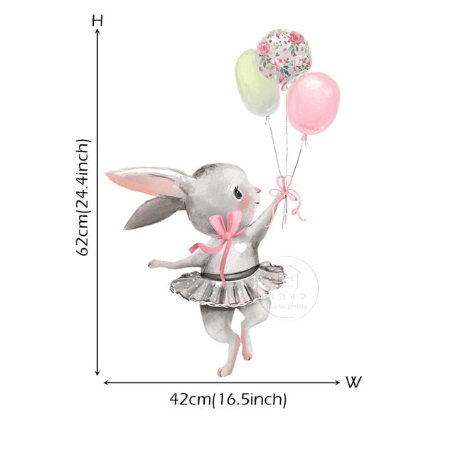 Cute Grey Bunny Ballet Rabbit Wall Stickers for Kids Room Cat Baby Nursery Wall Decals Pink Flower for Girl Room Home Decoration