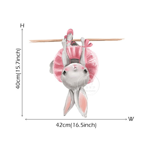 Cute Grey Bunny Ballet Rabbit Wall Stickers for Kids Room Cat Baby Nursery Wall Decals Pink Flower for Girl Room Home Decoration