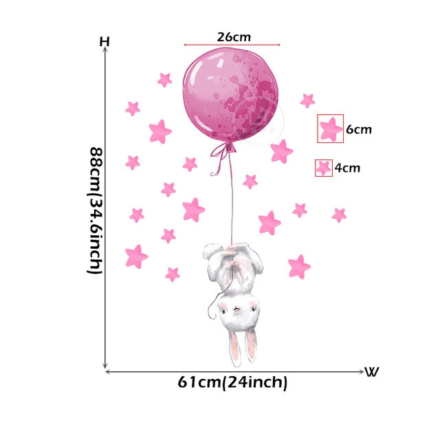 Cute Grey Bunny Ballet Rabbit Wall Stickers for Kids Room Cat Baby Nursery Wall Decals Pink Flower for Girl Room Home Decoration
