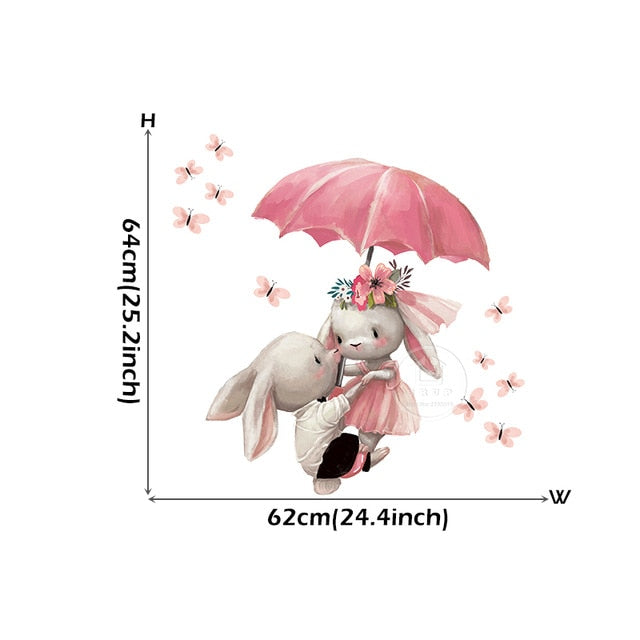 Cute Grey Bunny Ballet Rabbit Wall Stickers for Kids Room Cat Baby Nursery Wall Decals Pink Flower for Girl Room Home Decoration
