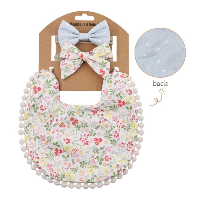3Pcs Baby Headband Tassel Saliva Towel Floral Print Newborn Double Side Bibs Boys Girls Bandana Burp Cloths Feeding Smock Stuff