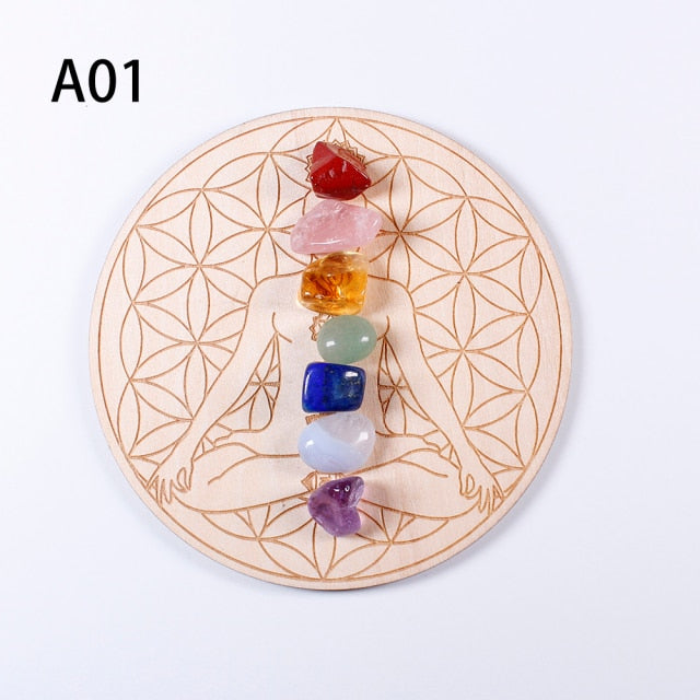 7pcs/set Natural Crystal Mixed seven Chakra Healing Stone + Seven Star Array Wood Plate Gravel Chips Chakra Home decor Gift