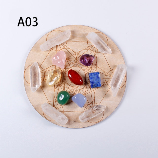 7pcs/set Natural Crystal Mixed seven Chakra Healing Stone + Seven Star Array Wood Plate Gravel Chips Chakra Home decor Gift