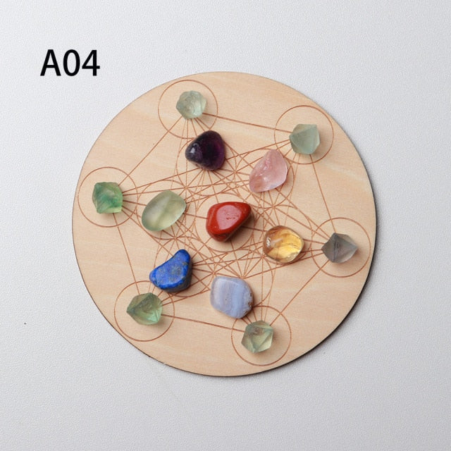 7pcs/set Natural Crystal Mixed seven Chakra Healing Stone + Seven Star Array Wood Plate Gravel Chips Chakra Home decor Gift