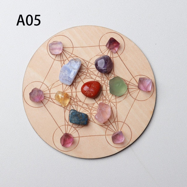 7pcs/set Natural Crystal Mixed seven Chakra Healing Stone + Seven Star Array Wood Plate Gravel Chips Chakra Home decor Gift