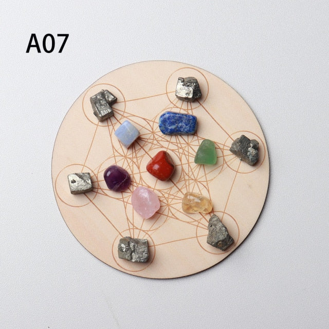 7pcs/set Natural Crystal Mixed seven Chakra Healing Stone + Seven Star Array Wood Plate Gravel Chips Chakra Home decor Gift