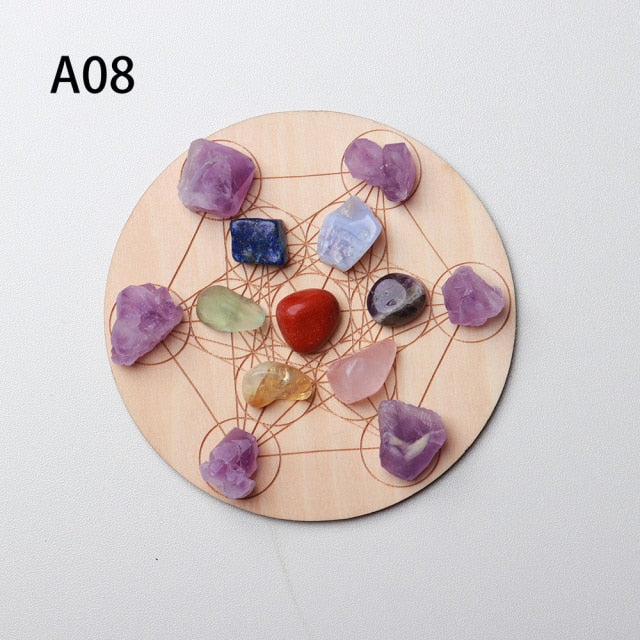 7pcs/set Natural Crystal Mixed seven Chakra Healing Stone + Seven Star Array Wood Plate Gravel Chips Chakra Home decor Gift