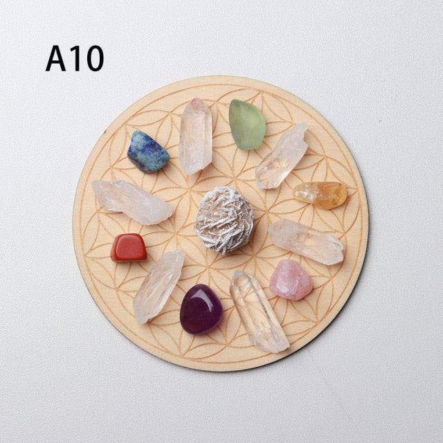 7pcs/set Natural Crystal Mixed seven Chakra Healing Stone + Seven Star Array Wood Plate Gravel Chips Chakra Home decor Gift