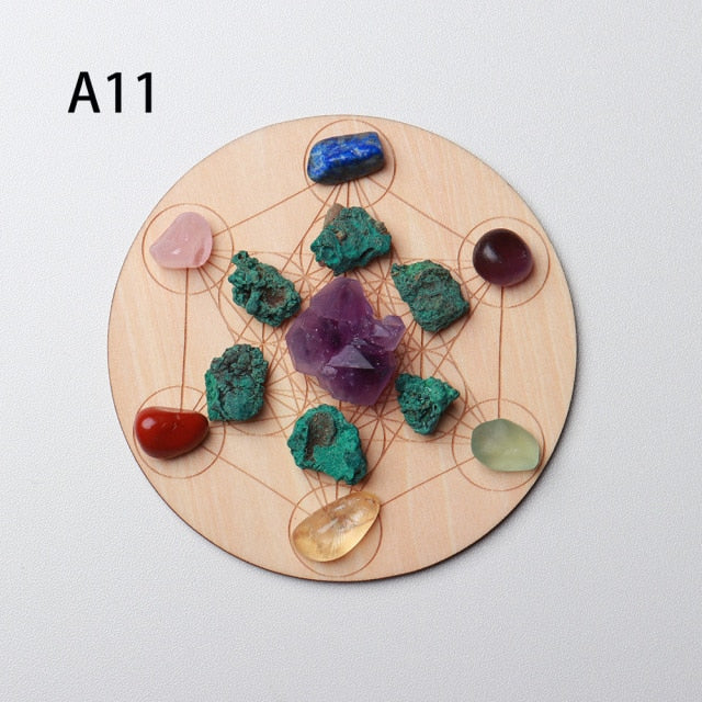 7pcs/set Natural Crystal Mixed seven Chakra Healing Stone + Seven Star Array Wood Plate Gravel Chips Chakra Home decor Gift