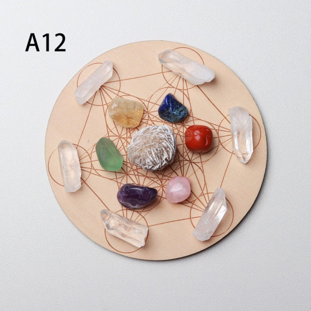 7pcs/set Natural Crystal Mixed seven Chakra Healing Stone + Seven Star Array Wood Plate Gravel Chips Chakra Home decor Gift