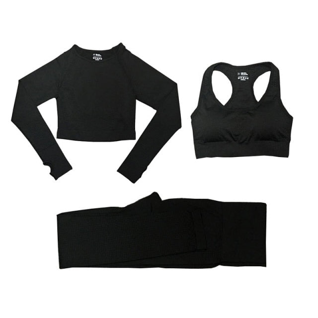 Women Sportswear Yoga Set Gym Clothing Tracksuit Long Sleeve Crop Top High Waist Seamless Leggings for Fitness Sports Short Suit