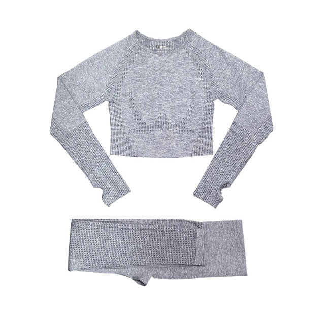 Women Sportswear Yoga Set Gym Clothing Tracksuit Long Sleeve Crop Top High Waist Seamless Leggings for Fitness Sports Short Suit