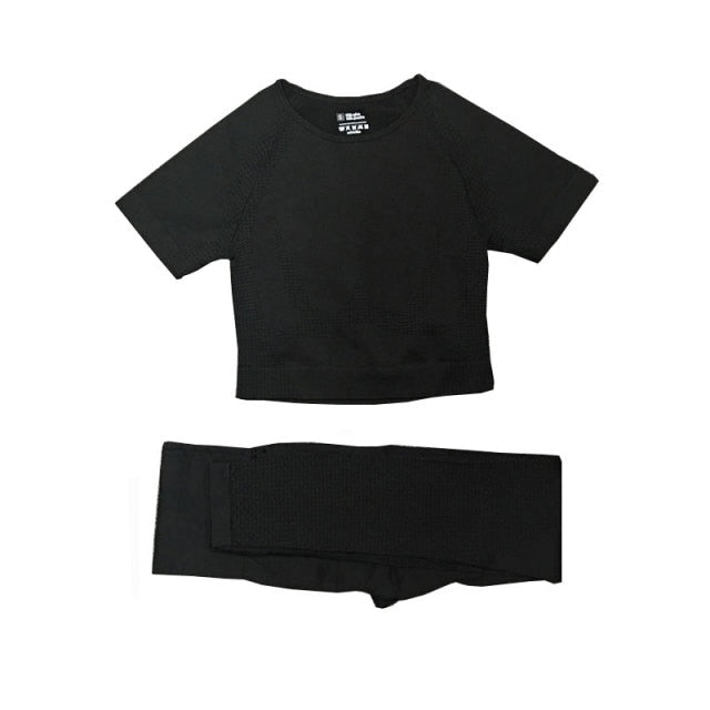 Women Sportswear Yoga Set Gym Clothing Tracksuit Long Sleeve Crop Top High Waist Seamless Leggings for Fitness Sports Short Suit