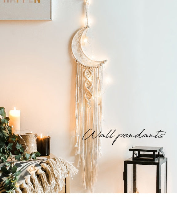 Star Moon Sun Macrame Dream Catcher Boho Home Wall Decor Girls Kids Nursery Garden Decoration Outdoor Gifts With Light