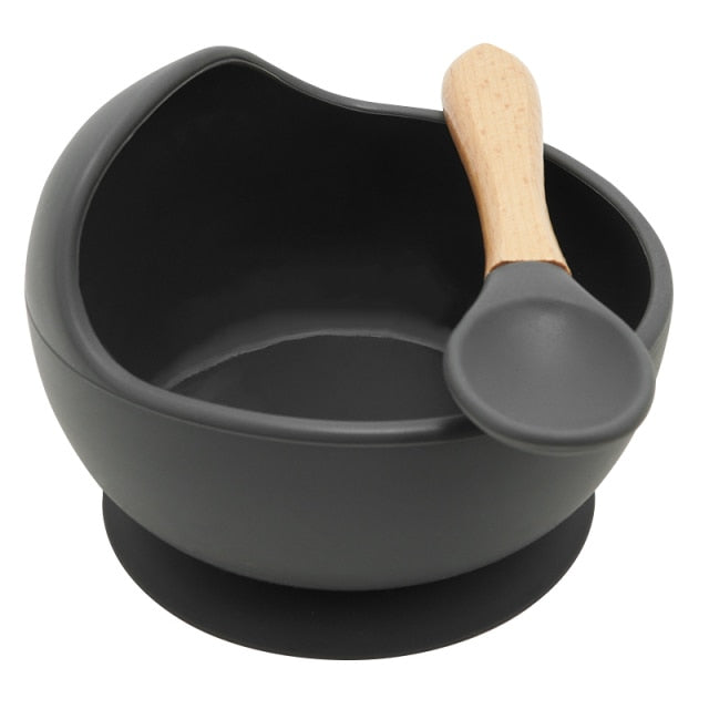 22colors!!1set Silicone Baby Feeding Bowl Set Baby Learning Dishes Suction Bowl Set Wood Spoon Non-Slip