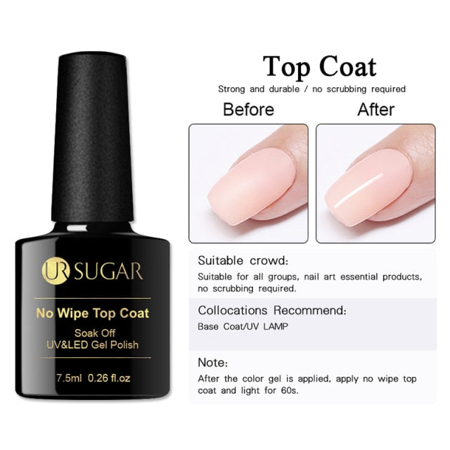 UR SUGAR 7.5ml No Wipe Base Top Coat Color Gel Nail Polish Matte UV Top Coat UV LED Soak Off Nail Art Gel Varnish for Manicures