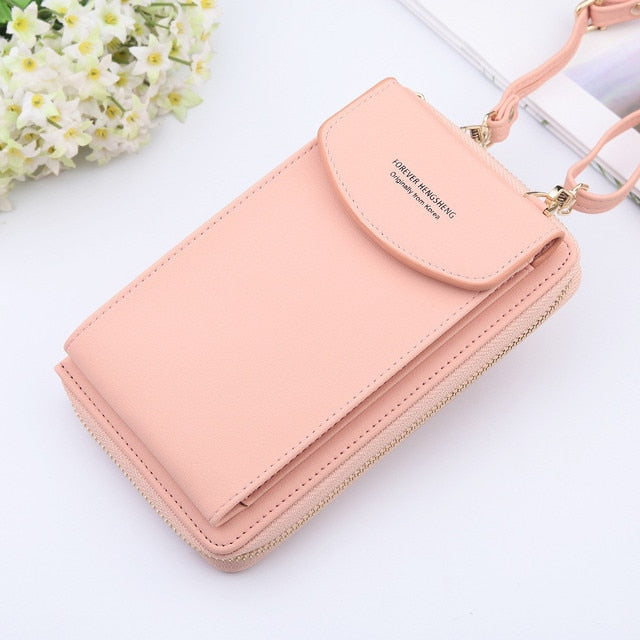 New Women Purses Solid Color Leather Shoulder Strap Bag Mobile Phone Bag Card Holders Wallet Handbag Pockets for Girls
