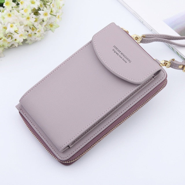 New Women Purses Solid Color Leather Shoulder Strap Bag Mobile Phone Bag Card Holders Wallet Handbag Pockets for Girls