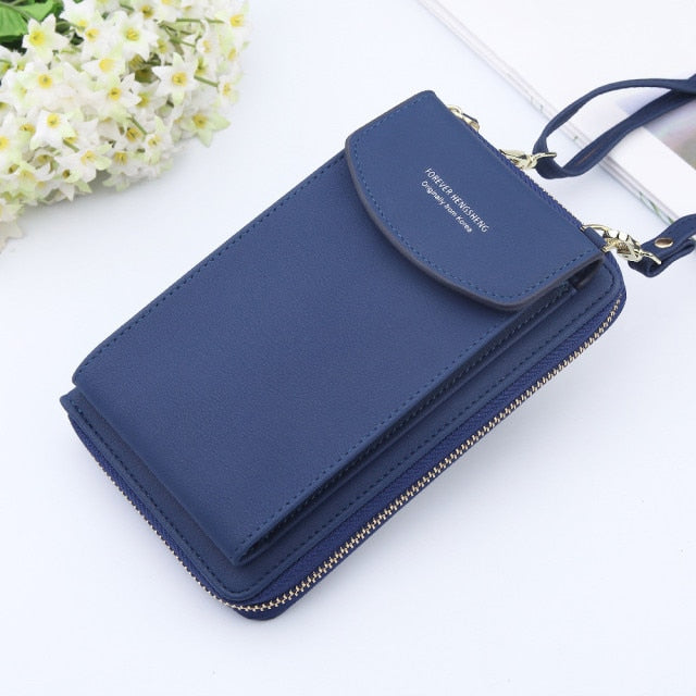 New Women Purses Solid Color Leather Shoulder Strap Bag Mobile Phone Bag Card Holders Wallet Handbag Pockets for Girls