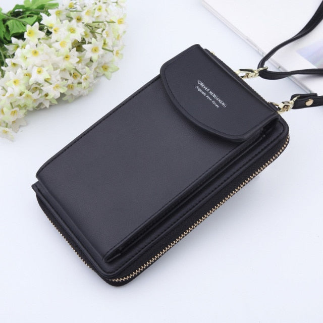 New Women Purses Solid Color Leather Shoulder Strap Bag Mobile Phone Bag Card Holders Wallet Handbag Pockets for Girls