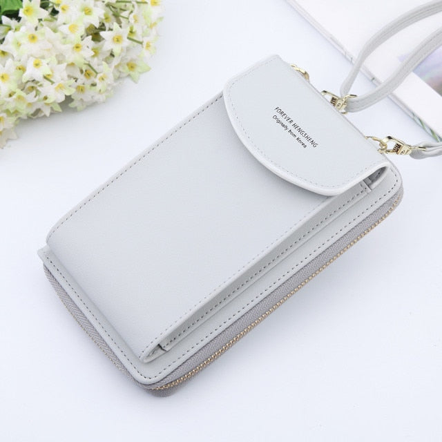 New Women Purses Solid Color Leather Shoulder Strap Bag Mobile Phone Bag Card Holders Wallet Handbag Pockets for Girls