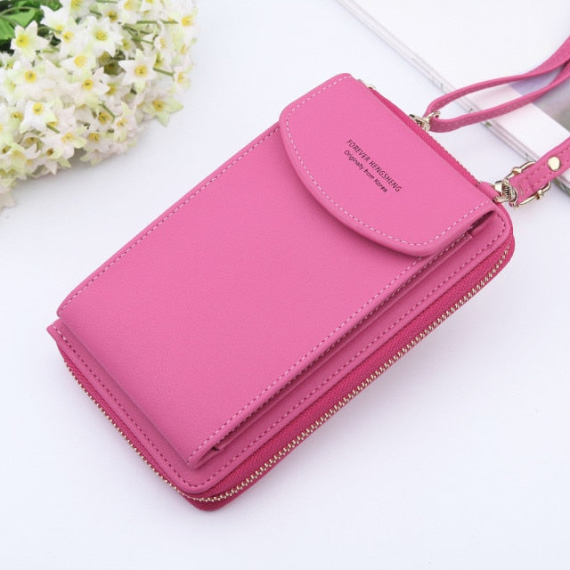 New Women Purses Solid Color Leather Shoulder Strap Bag Mobile Phone Bag Card Holders Wallet Handbag Pockets for Girls