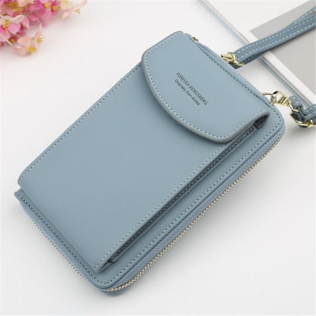 New Women Purses Solid Color Leather Shoulder Strap Bag Mobile Phone Bag Card Holders Wallet Handbag Pockets for Girls