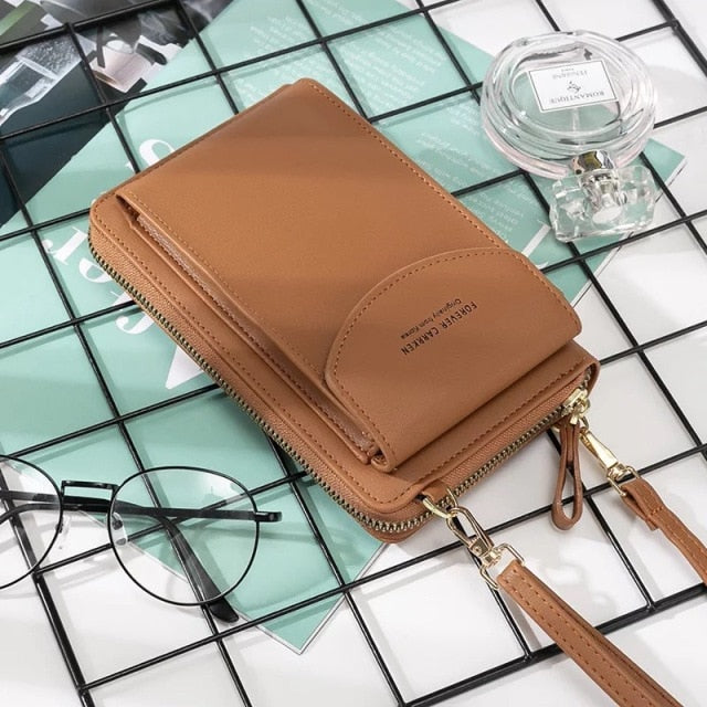 New Women Purses Solid Color Leather Shoulder Strap Bag Mobile Phone Bag Card Holders Wallet Handbag Pockets for Girls