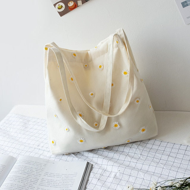 2021 Women's Bag Shopper Small Canvas Bag Female Shoulder Bag Designers Handbags Embroidery Bag with Daisies Mini Cute Tote Bags