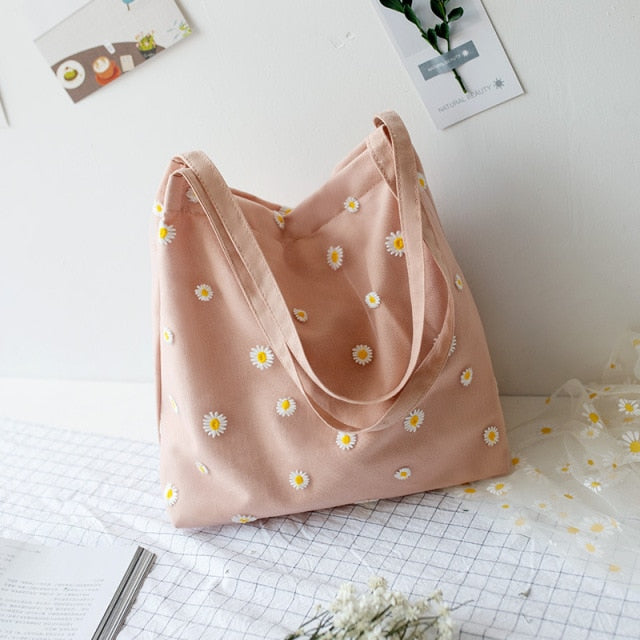 2021 Women's Bag Shopper Small Canvas Bag Female Shoulder Bag Designers Handbags Embroidery Bag with Daisies Mini Cute Tote Bags