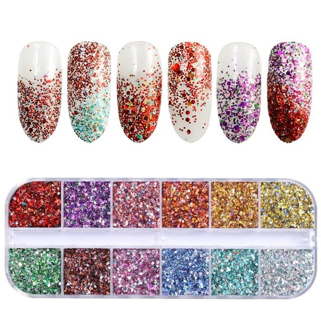 12 Grids/Set Mixed size Nail Glitter Flakes 3D Sequins Paillette Powder Charm Nail Art Decoration Manicure tools CT01-20