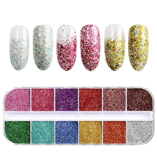 12 Grids/Set Mixed size Nail Glitter Flakes 3D Sequins Paillette Powder Charm Nail Art Decoration Manicure tools CT01-20