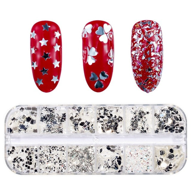 12 Grids/Set Mixed size Nail Glitter Flakes 3D Sequins Paillette Powder Charm Nail Art Decoration Manicure tools CT01-20