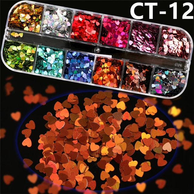 12 Grids/Set Mixed size Nail Glitter Flakes 3D Sequins Paillette Powder Charm Nail Art Decoration Manicure tools CT01-20