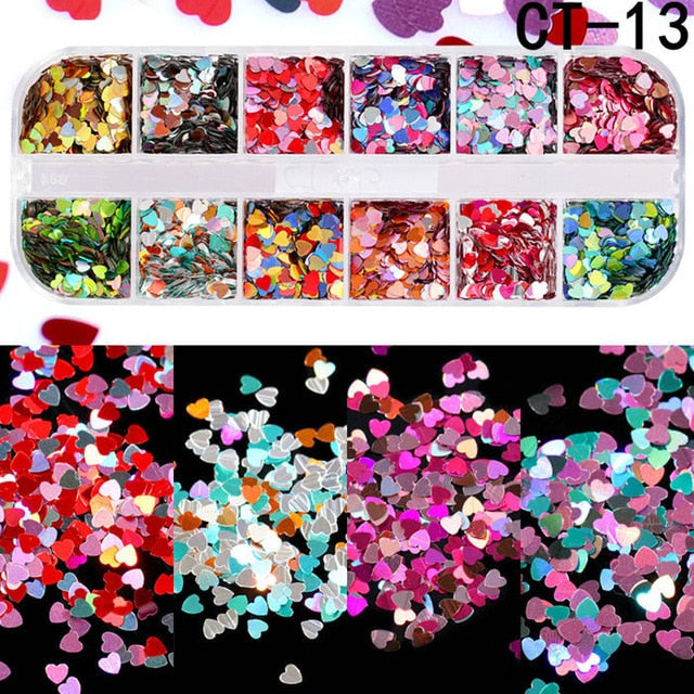 12 Grids/Set Mixed size Nail Glitter Flakes 3D Sequins Paillette Powder Charm Nail Art Decoration Manicure tools CT01-20