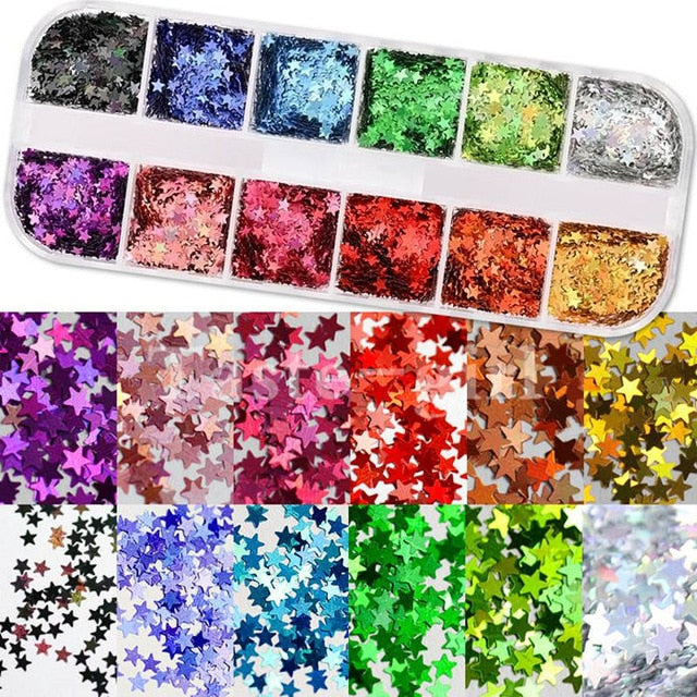 12 Grids/Set Mixed size Nail Glitter Flakes 3D Sequins Paillette Powder Charm Nail Art Decoration Manicure tools CT01-20