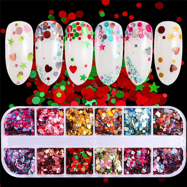 12 Grids/Set Mixed size Nail Glitter Flakes 3D Sequins Paillette Powder Charm Nail Art Decoration Manicure tools CT01-20