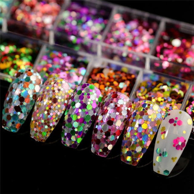 12 Grids/Set Mixed size Nail Glitter Flakes 3D Sequins Paillette Powder Charm Nail Art Decoration Manicure tools CT01-20