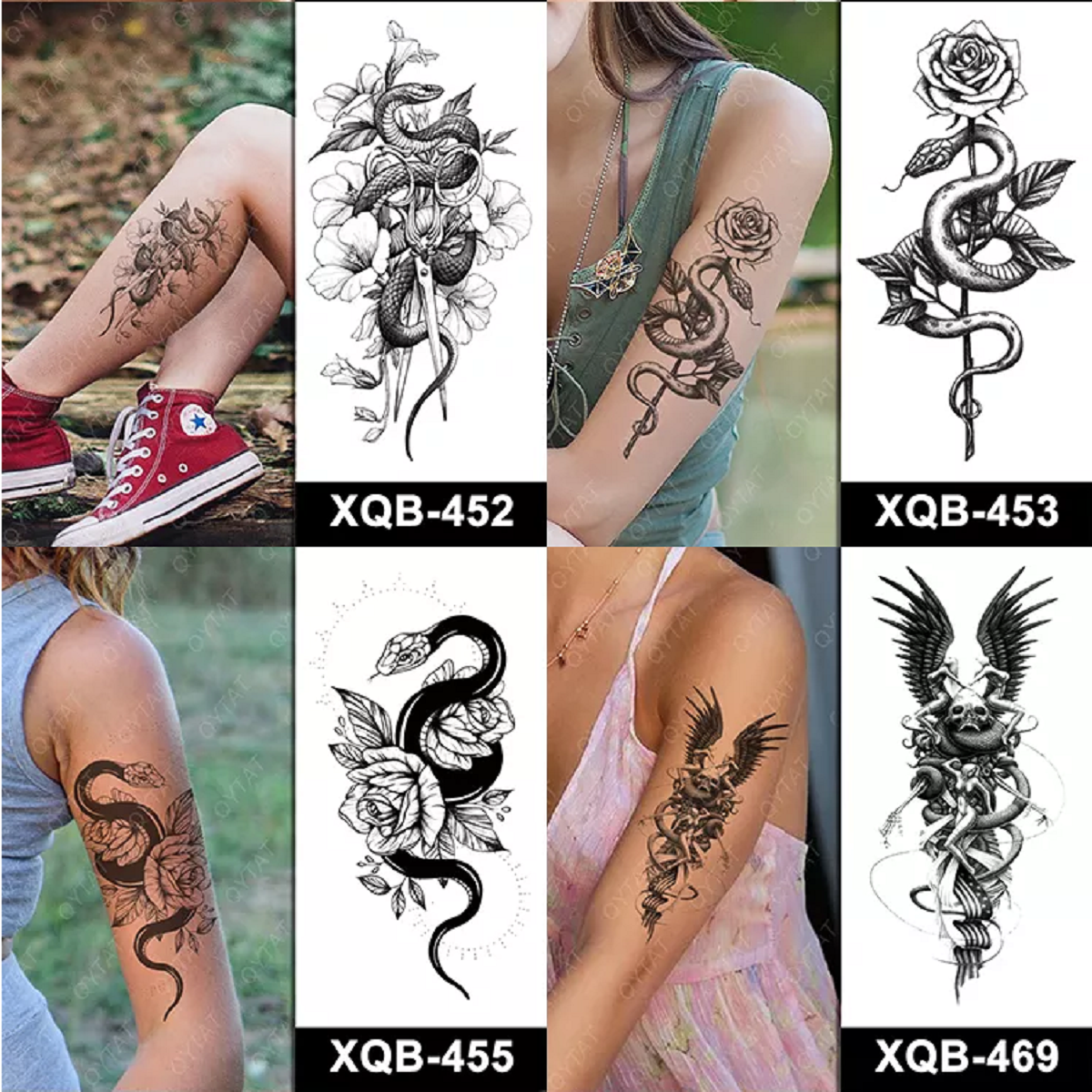 10 Sheets Black Snake Temporary Tattoos with Flower Zombie Sword For Men Women Neck Arm Body Art Waterproof Fake Tattoo Stickers Flash Decals