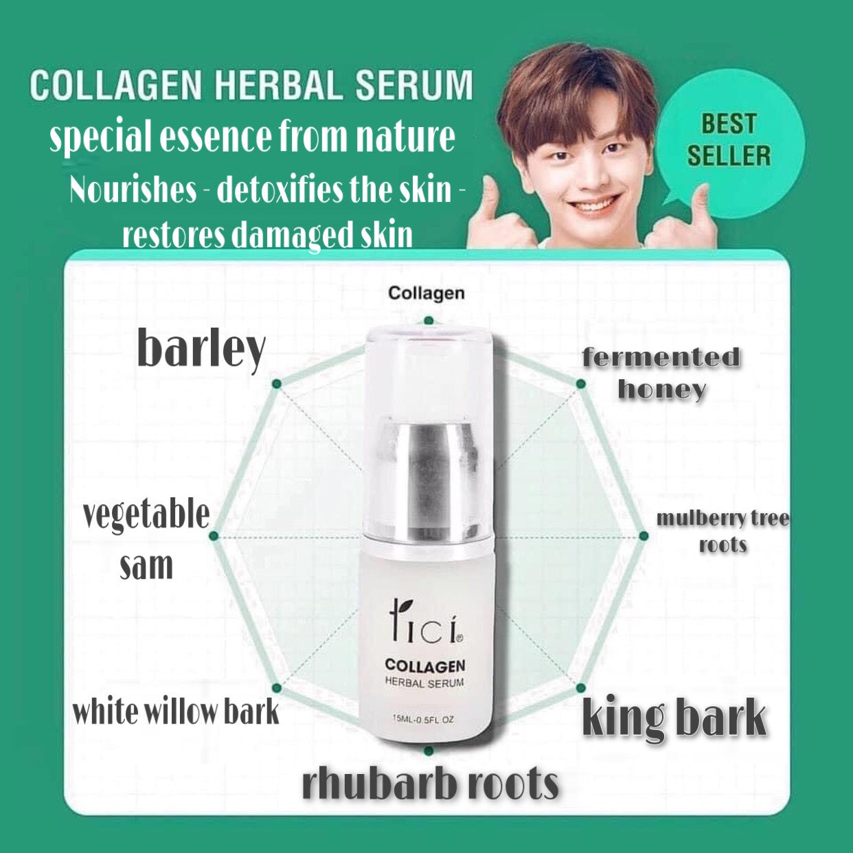 TICI COSMETIC COLLAGEN HERBAL SERUM ANTI-AGING FOR LUMINOUS SKIN TONE - 15ML