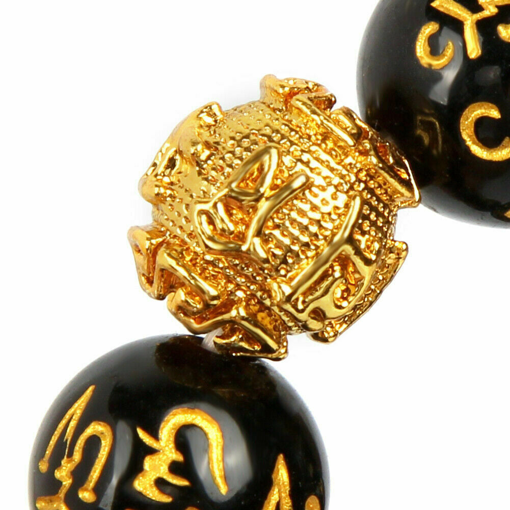 Ethnic Gold Six-Word Admonition Lucky Black Obsidian Feng Shui Pixiu Bracelet