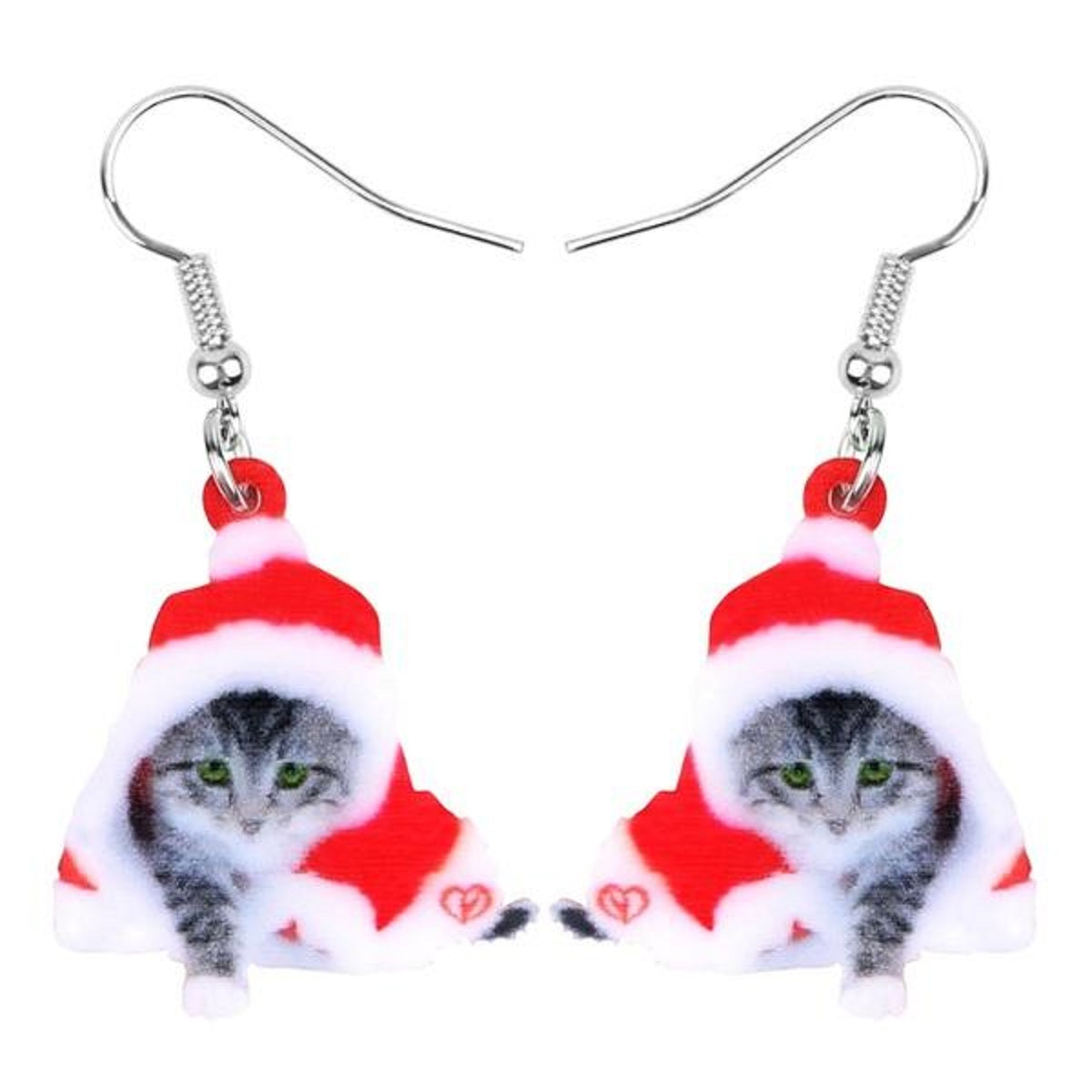Red Acrylic Christmas Kitten Earrings - One Pair with Random Design and Color