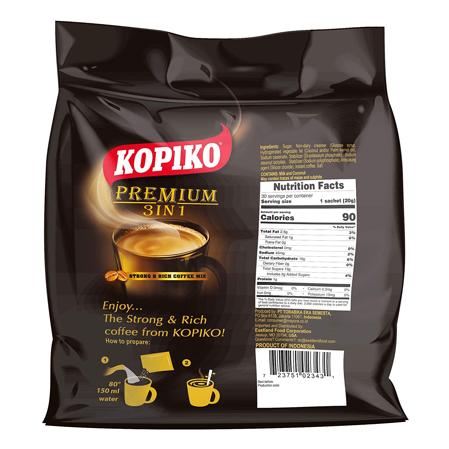 Kopiko 3 in 1 Instant Strong & Rich Coffee Mix 21.2 oz. Delicious (30 Sachets)