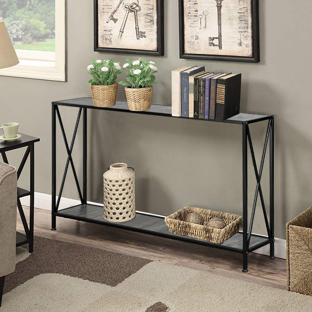 Grey MDF Countertop Black Wrought Iron Base 2 Layers Forked Console Table