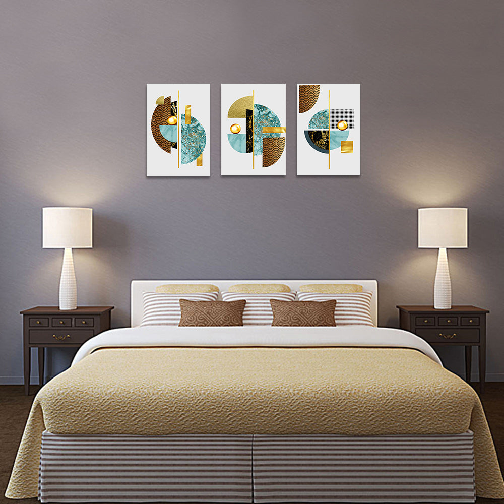 Abstract Canvas Prints Geometric Gold Deer Picture Stretched Wall Art Blue Fan-shaped Bedroom Decorative Painting 3 Pieces