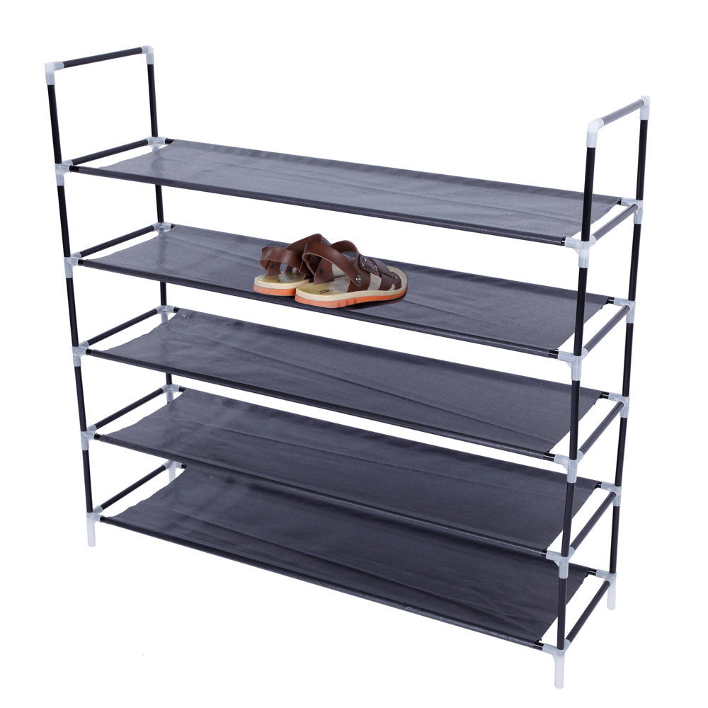 Simple Assembly 5 Tiers Non-woven Fabric Shoe Rack with Handle Black RT