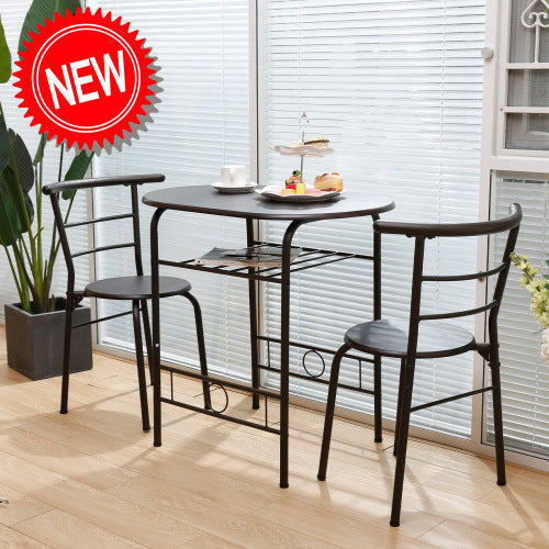 3 Pieces Kitchen Table Set, Couple Dining Round Table Set with Metal Frame and Shelf Storage, Home Breakfast Table, 3 Piece Kitchen Table Set