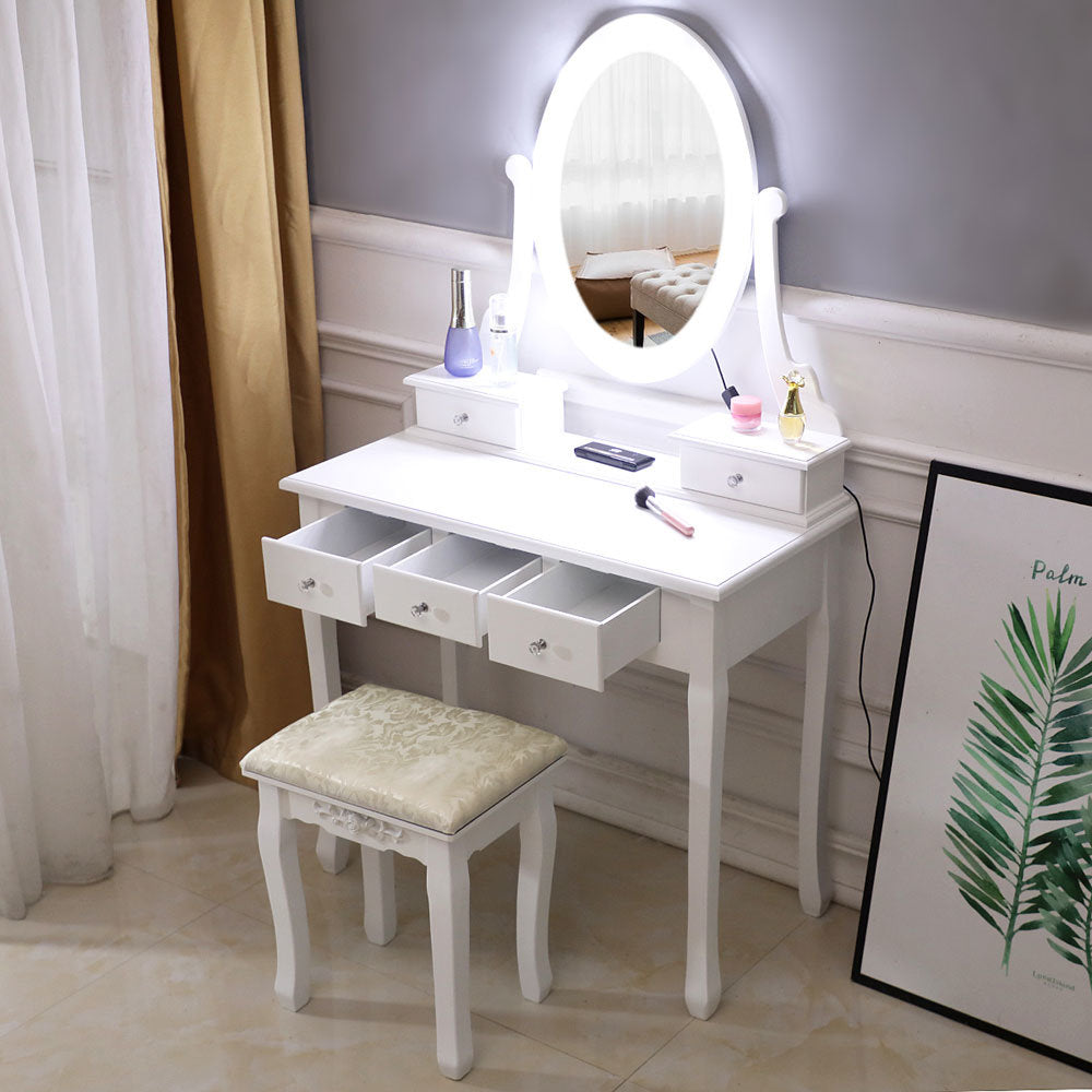 Makeup Vanity Dressing Table Desk Drawer Mirror Stool Set With 10 Led Light